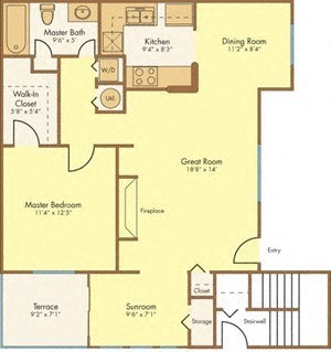 Floor plan for 1 bed, 1 bath, 966 sqft
